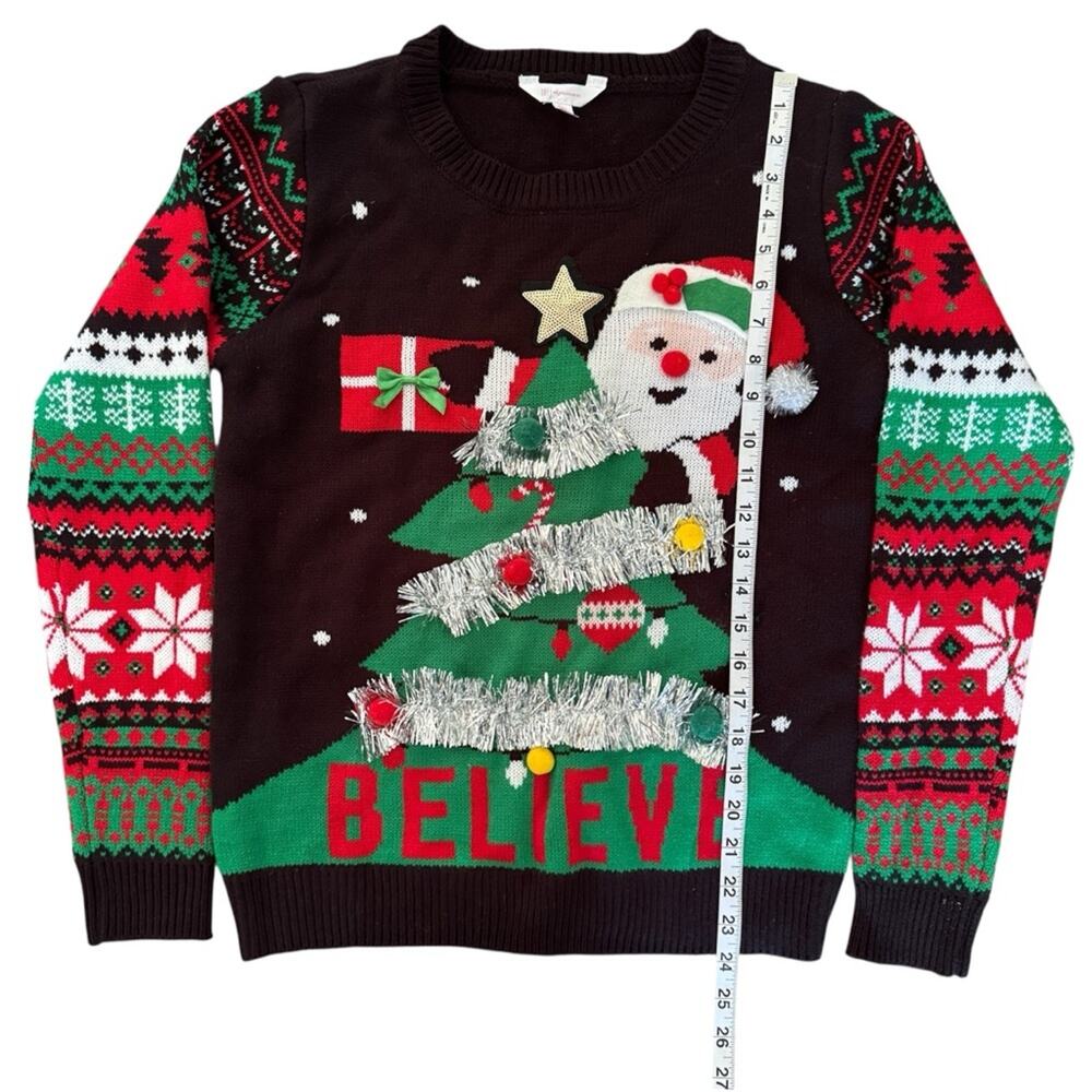 No Boundaries Women Black Christmas Sweater Santa and Tree Tinsel Size L 11-13 - Picture 6 of 7